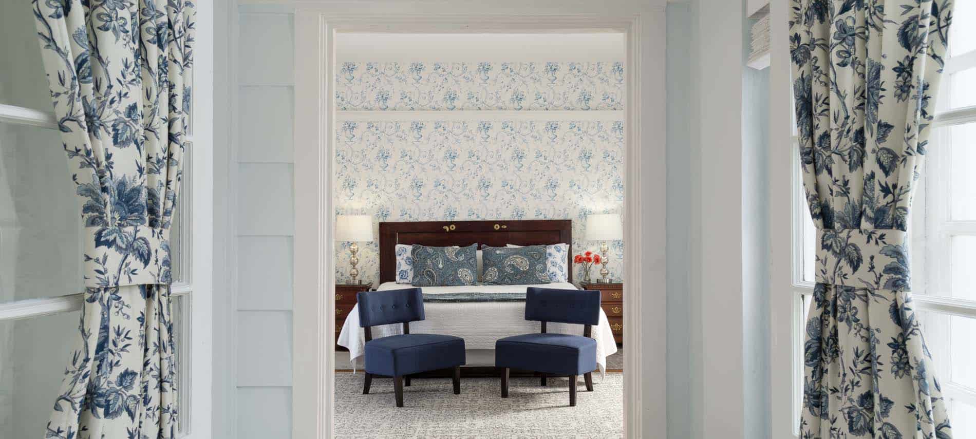 blue and white hotel room