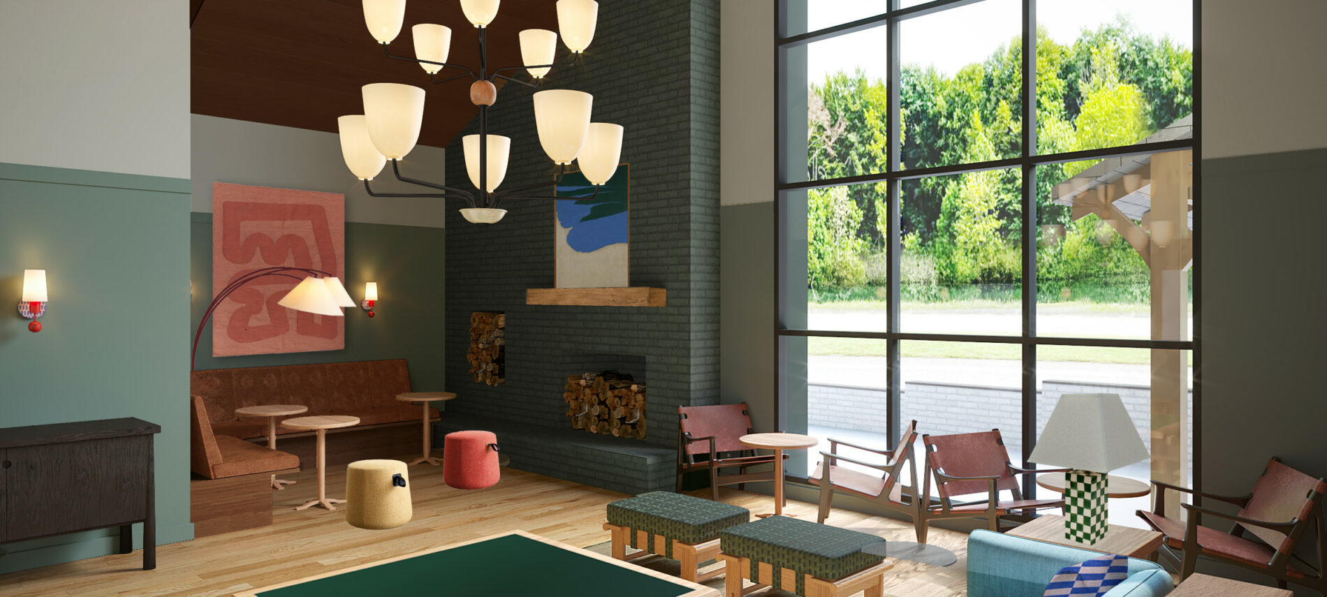 Image of the Lobby at Outbound Stowe with a fireplace, chairs and a center chandelier.